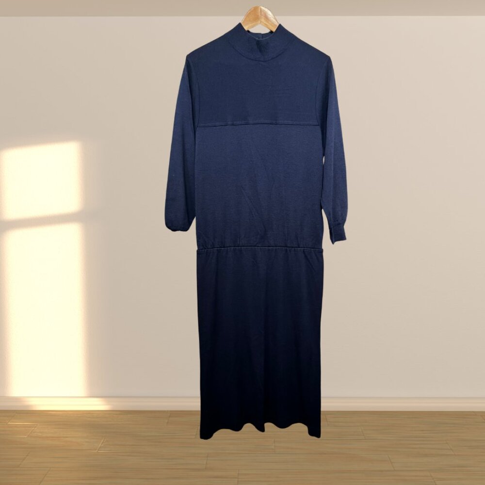Vintage 90s Navy Knit Turtleneck Sweater Dress | Minimalist Midi - Picture 5 of 6